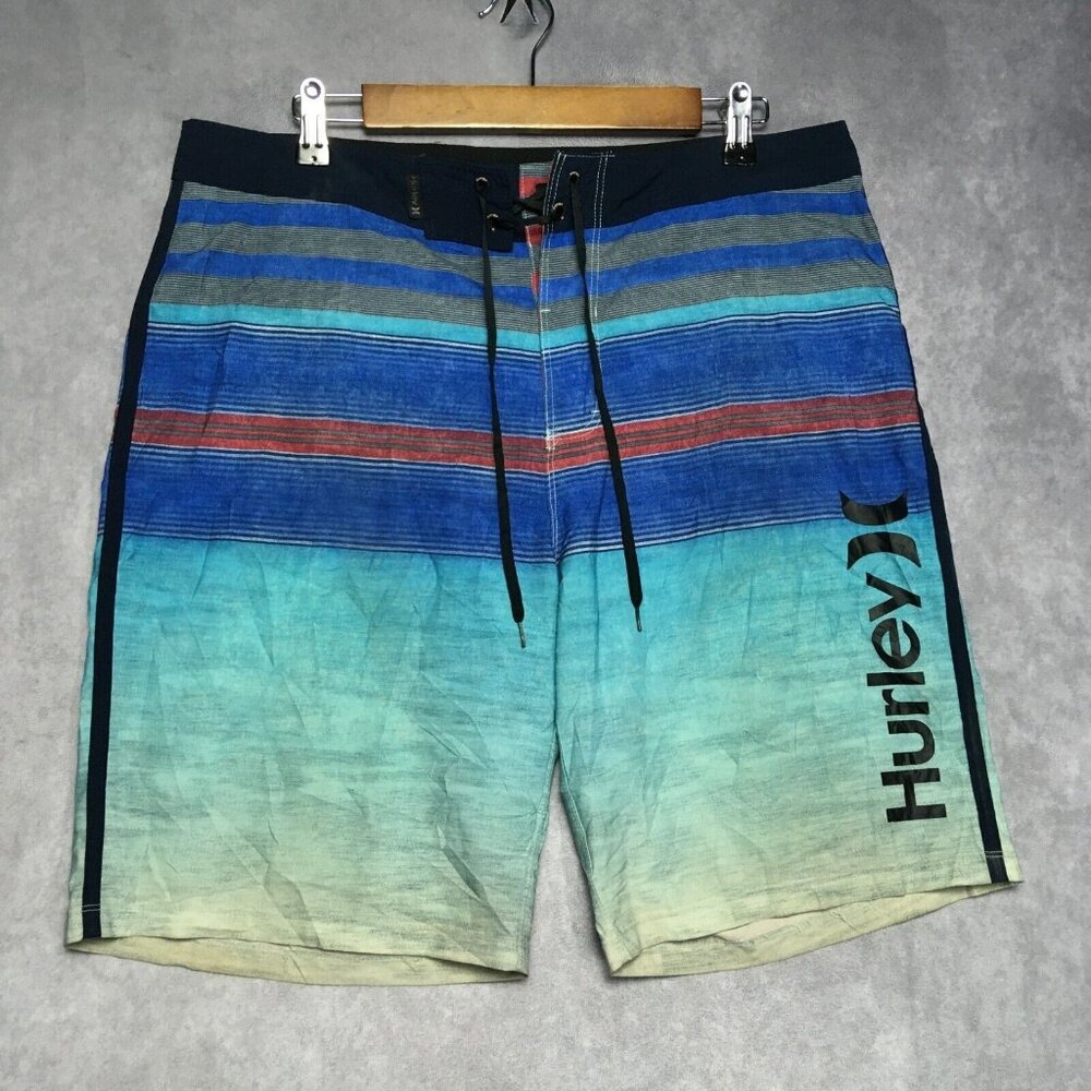 Hurley Mens Phantom Board Shorts size 32 Blue Striped Poly Stretch Lace Up